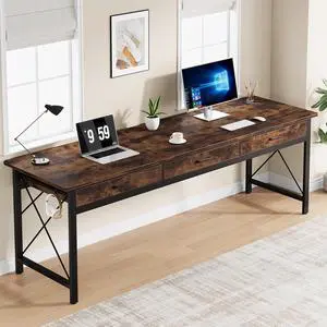 78.7 inch Extra Long Computer Desk with 3 Drawers, Two Person Office Desk, Double Desk with Hooks, Industrial Writing Study Table Workstation for Home Office, Rustic Brown and Black