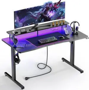 GTRACING 55 Inch Gaming Desk with LED Lights & Power Outlet, Computer Gamer Desk with Monitor Stand, Ergonomic Carbon Fiber Gaming Table Home Office Desk with Headphone Hook & Mouse Pad