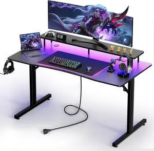 GTRACING Gaming Desk with LED Lights, 55 Inch Large Computer Gamer Desk with Monitor Stand & Power Outlet, Ergonomic Carbon Fiber Surface Gaming Table with Mouse Pad for Home Office, Carbon Black
