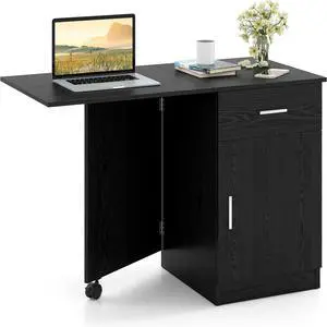 Tangkula Folding Computer Desk with Storage Drawer & Cabinet, Compact Home Office Desk with Adjustable Shelf, Space-Saving Foldable Side Table for Bedroom, Office, Study (Black)