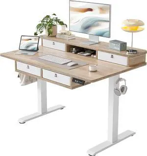 TIQLAB 48 * 28 Inch Standing Desk with Four Drawers, Electric Sit Stand Table, Stand Up Desk Adjustable Height with Storage Shelf, Splice Board, Maple
