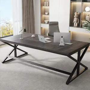 IBF Long Grey Computer Desk, Modern Large Wood Metal Office Desk, Industrial Pc Study Gaming Writing Table for 2 Person, Executive Workstation for Home Bedroom Living Room, Dark Gray, 70 Inch