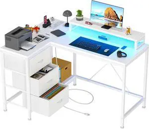 L Shaped Desk with Power Outlets & LED Lights, Computer Desk with Drawers & Shelves, Corner Desk Gaming Desk Home Office Desk, White