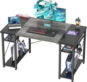48 Inch Computer Desk, Large Office Desk with 4 Storage Shelves, 48'' Study Writing Table with CPU Stand, Sturdy PC Desk for Home Office, Bedroom, Gaming Room, Grey and Black