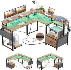 L Shaped Desk with Power Outlet and LED Strip, Reversible L Shaped Computer Desk with File Drawer, Corner Desk for Gaming Writing, Home Office Desk with Monitor Shelf, Rustic Brown, 53*46.9 L Shaped Desk with Power Outlet and LED Strip, Reversible L Shaped Computer Desk with File Drawer, Corner Desk for Gaming Writing, Home Office Desk with Monitor Shelf, Rustic Brown, 53*46.9