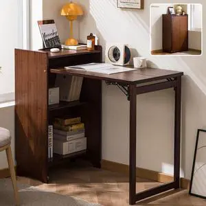 Bamboo Folding Desk for Small Space Mid Century Foldable Computer Desk with Storage Space for Home Office Bedroom, Brown