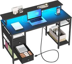 HOOBRO 47 inch Gaming Desk with LED Lights & Power Outlets, Computer Desk with Monitor Stand and Drawers, Gaming Table with Storage Shelves for Home Office, Study, Working, Black BB47UDDN01