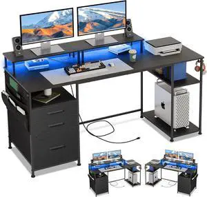 Computer Desk with 3 File Cabinet Drawers, 57.8'' Reversible Gaming Desk with LED Lights and Power Outlets, Office Desk with Storage Shelves and Dual Monitor Stand for Home & Office (Black)