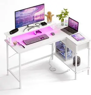 Fixwal Gaming Desk for Bedroom L Shaped Small Corner Computer Desk with Power Outlets and LED Lights, PC Desk, Home Office Desks with Drawer, Writing Desk Study Desk, White