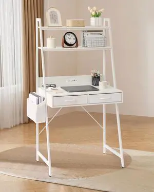 KATHY&BOB Small Home Office Study Desk - Freestanding Ladder Design with Fabric Drawers & Side Bag - Modern Vanity Makeup Desk - 2 Tier Shelf & Computer Gaming Station (White)