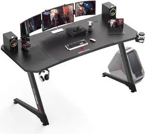VITESSE 63 Inch Ergonomic Gaming Desk, Z Shaped Office PC Computer Desk with Large Mouse Pad, Gamer Tables Pro with USB Gaming Handle Rack, Stand Cup Holder and Headphone Hook, Black