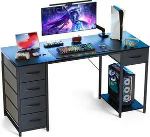 Computer Desk with 5 Fabric Drawers, 47 Inch Home Office Desk with Storage Shelves, Gaming Writing Work Study Table for Bedroom, Living Room, Black