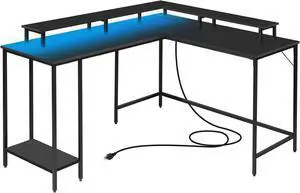 Panana L Shaped Computer Desk with LED Lights and Power Outlet, Reversible Corner Office Desk with Monitor Stand, L Shaped Gaming Desk for Home Office Bedroom (Black)