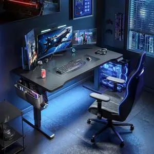 EnHomee 56" Electric Standing Desk with LED Lights, Height Adjustable Sit Stand Up with Storage Side Pocket and Cable Management, Wood Desktop, Work Home Office, Writing Computer PC Table, Black