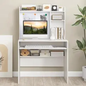 Tangkula Computer Desk with Hutch, Space Saving Laptop Desk with Magnetic Whiteboard, Keyboard Tray, Storage Shelves, Cable Holes, Home Office Desk with Bookshelf, Modern Writing Table (White)