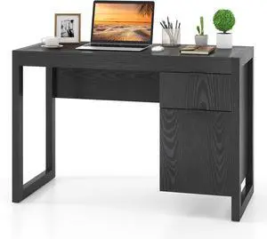 Tangkula Computer Desk with Storage Cabinet & Drawer, White Wooden Home Office Desk, PC Laptop Workstation Study Writing Desk with Smooth Surface, Ideal for Home Office (Black)