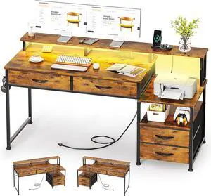 53" Computer Desk with 4 Drawers & Power Outlets, Reversible Home Office Desk with Monitor Stand & Printer Stand, Gaming Desks with Led Lights, Study Writing Work Desks Table for Bedroom, Vintage