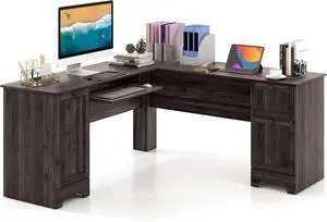 Tangkula L-Shaped Office Desk with Storage Drawers & Keyboard Tray, Home Office Corner Computer Desk with Cabinet & Inner Adjustable Shelf, Space-Saving Study Writing Desk, Computer Workstation