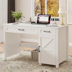 Farmhouse 47" Executive Desk, Computer Desk with Drawers and Storage Cabinet, Workstation Computer Desk for Home Office and Study.(Cream White)
