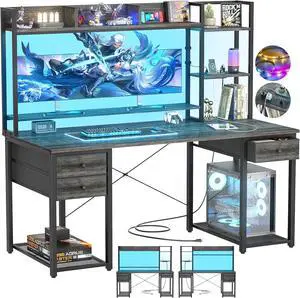 Aheaplus Gaming Desk With LED, Outlets, and Hutch - 55.2'' Computer Workstation With Drawers, Reversible Office Desk With Storage Bookshelf and Shelf - Large Home Desk, Black Oak