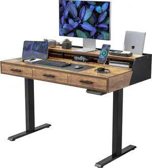 FEZIBO Standing Desk Adjustable Height with Drawers, 48 x 24 Inches Stand Up Desk Electric Memory Computer Desk, Black Frame/Rustic Brown Top