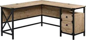 Sauder Steel River Rustic Industrial Style L-Shaped Corner Desk with Drawers and Storage Shelf, Coated Metal and Milled Mesquite finish