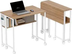 HOMCOM Small Folding Desk, Rolling Computer Desk Foldable with Storage Bag and Shelf, 31.5" Portable Writing Table on Wheels for Small Spaces, Home Office, Study, Easy Assembly, Natural Wood