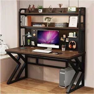 31.4in Gaming Desk with Bookshelf Combo, Computer Desk with Pegboard, Large Writing Table with Desktop Shelves, Ample Leg Room, for Home Office (Brown, 31.4in)