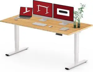 Standing Desk with Dual Motor, 3-Stage Lifting Column, Handset with 3 Preset and Sit-Stand Reminder - 60 inch Whole Piece Real Bamboo Desk/White Frame, Height Adjustable Desk for Home and Office