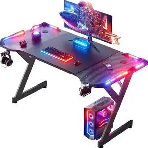 47 Inch Gaming Desk with LED Lights, Ergonomic Computer Gaming Table with Carbon Fibre Surface, Sturdy PC Workstation Desk for Home Office with Headphone Hook, Cup Holder, Black