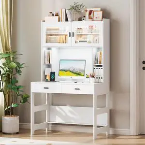 Vlsrka Home Office Desk with Hutch and Drawers, 40" Computer Desk with Storage Shelves and LED Lights, Modern Wooden Writing Study Table with Charging Station for Bedroom, White