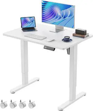 HUANUO Electric Small Standing Desk, 35" x 24" Whole Piece Desktop, Adjustable Height Computer Desk, 4 Height Memory Settings, Sit Stand Up Desk for Home Office, White
