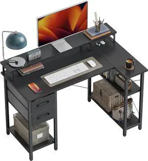 CubiCubi L Shaped Computer Desk with Monitor Stand & Shelves, 47 Inch Corner Home Office Desk Writing Table with Storage Drawer, Black