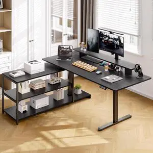 L Shaped Standing Desk with File Cabinet, 63x24'' Electric Stand Up Desk with Monitor and Storage Shelf, Adjustable Height 28-46'' for Home and Computer Workstation, Black