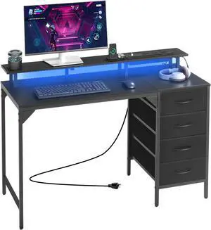VEVOR 47" Computer Desk with LED Lights & Power Outlets, Gaming Table with 4 Large Drawers, Office Desk with Monitor Stand, Study Work Home Office, Small Spaces, Black