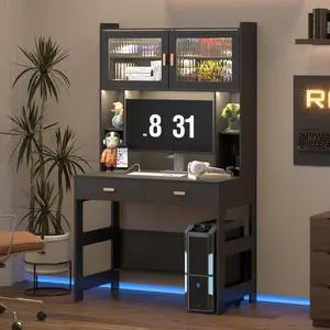 LVSOMT Home Office Desk with Hutch and Drawers, Modern Computer Gaming Desk with LED Lights & Power Outlets, Black Study Table with Storage Shelves, Teen Writing Desk for Bedroom, 40'' W