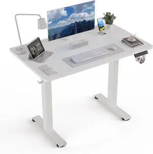 40" x 24" Electric Standing Desk, Adjustable Height Sit Stand Desk with 3 Preset Heights & 2 Hook, Electric Desk for Home Office Gaming, White
