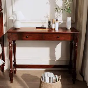 Solid Wood Computer Writing Desk with 2 Storage Drawers, Traditional Vanity Dressing Table, Small Home Office Desk, Corner Table, Easy Assembly 39.37 x 15.74 x 30.9 Cherry Red Walnut SSZ1533WD