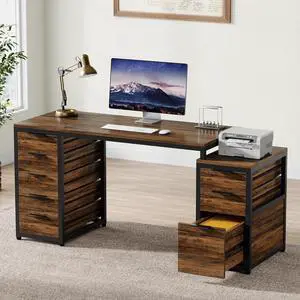 Tribesigns Computer Desk with 8 Drawers, 63" Office Desk with Reversible File Cabinet and Storage Drawers, Industrial PC Desk Study Writing Table Workstation for Home Office, Rustic Brown