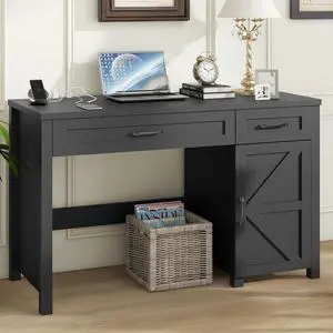 Farmhouse 47" Executive Desk, Computer Desk with Drawers and Storage Cabinet, Workstation for Home Office and Study.(Pure Black)