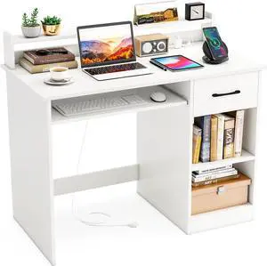 Tangkula White Desk with Drawer & Keyboard Tray, Home Office Desk with Built-in Charge Station & Adjustable Shelf, Study Writing Table with Hutch, Modern Computer PC Workstation