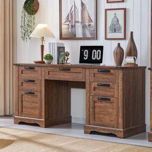 RedLemon 60" Farmhouse Executive Desk, Home Office Desk with Drawers, Charging Station, Keyboard Tray, File Drawer, Storage Cabinet, Wood Rustic Computer Writing Desk (Reclaimed Barnwood)