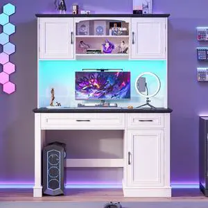 Farmhouse 47" Executive Desk with Hutch, 2 Drawers and LED Light, Computer Desk with Storage Cabinet and Charging Station,Workstation for Home Office and Study.