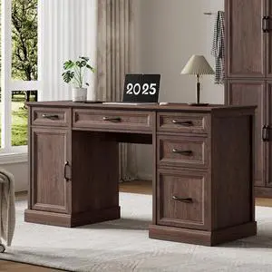 58" Farmhouse Executive Desk, Wood Home Office Desk with Drawers & File Cabinet, Embossed Texture Storage Organizer Computer Desk for Working, Studying, Writing, Brown