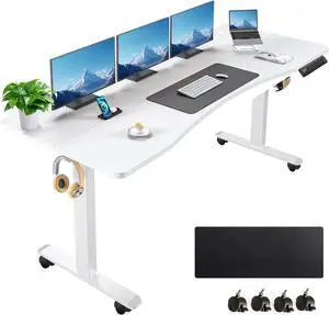 Standing Desk 63 x 24 in Adjustable Height,Electric Stand Up Desk,Curved Sit Stand Home Office Computer Desk with casters, Mouse pad and Headphone Hook(White)