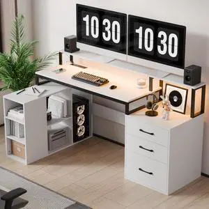 SunsGrove 65.7" L Shaped Corner Desk with Power Outlet & LED Lights, Gaming Computer Desk with 3 File Drawers, Monitor Stand & CPU Holder, White Wood Home Office Desk