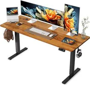 YIHAYO Electric Standing Desk, 63 x 24 Inches Stand Up Desk with Splice Board, Computer Desk for Home Office, Black Frame/Rustic Brown Top