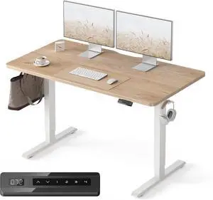 FEZIBO 55 x 24 Inchs Electric Standing Desk, Height Adjustable, Sit Stand Up, Computer Office Desk with Splice Board, White Frame/Maple Top
