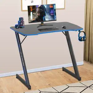 Gmaing Desk 35.4in PC Computer Desk, Blue Ergonomic Gaming Table Z Shaped Gaming Workstation with Headphone Hook for Home OfficeBlue