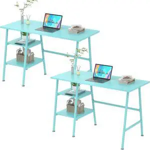 VECELO 43.1 Inch Computer Desk Home Office Blue Study Desk Work Office Table with Shelves Wooden Desk for Bedroom 2 Set